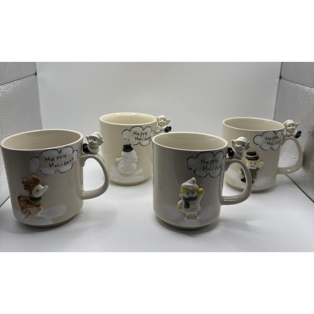 Vtg Enesco Christmas 4 Mugs 3D Girl Boy Reindeer Snowman 1977 Happy Holidays